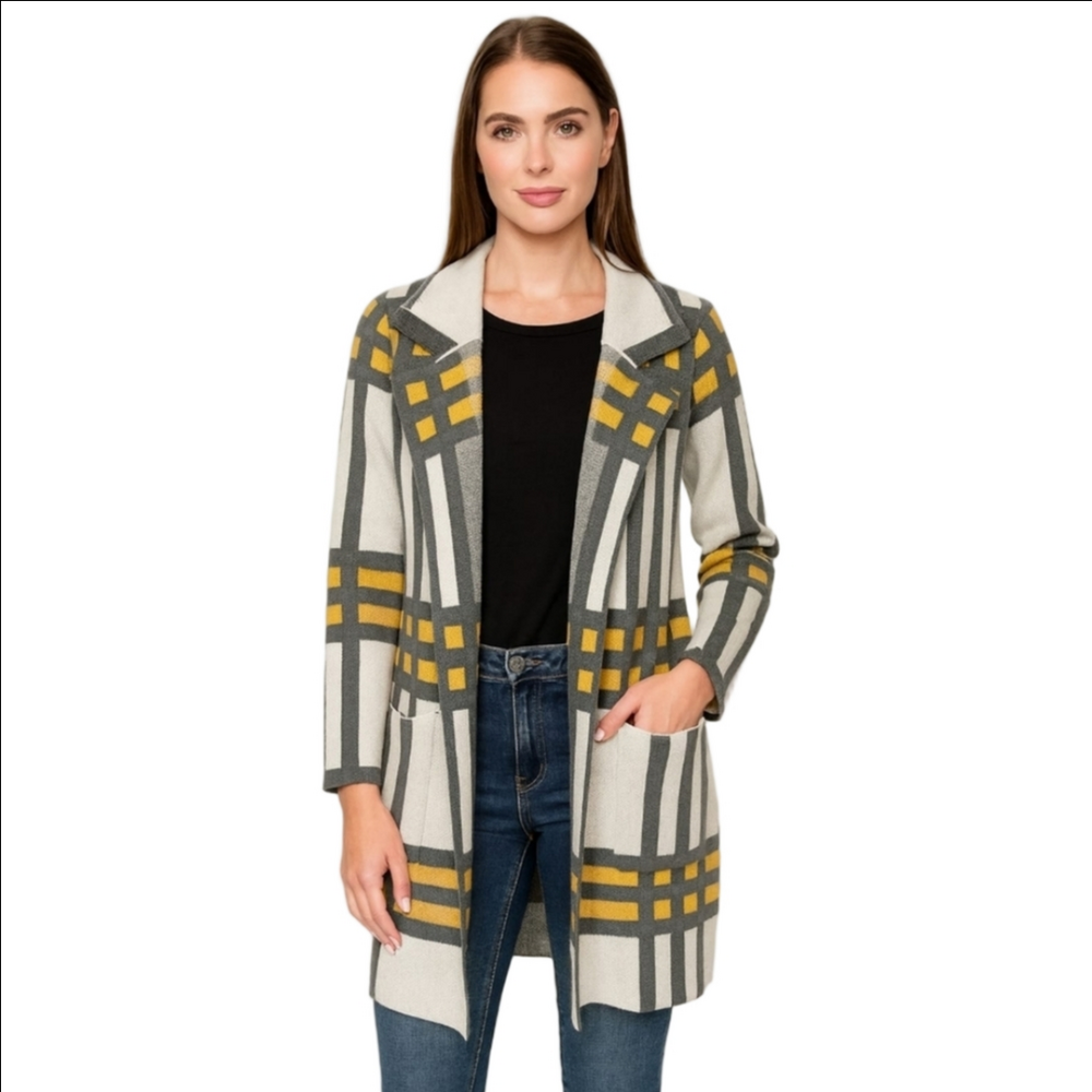 NWT Women's Oliver.o Grey Yellow White Plaid Knit Cardigan Sweater S